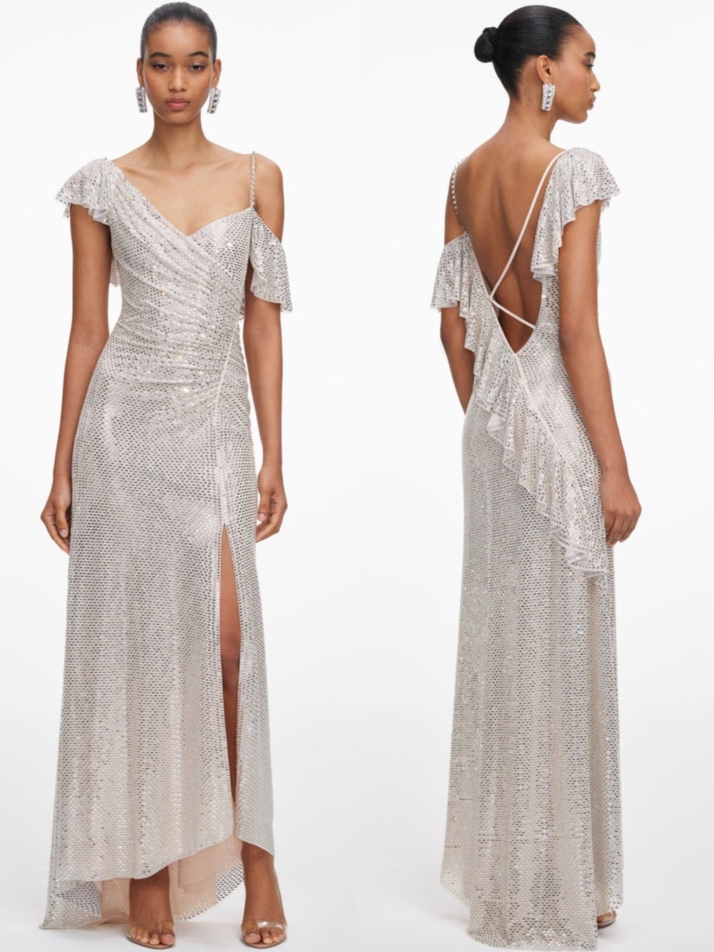 NWOT Self-Portrait CHAMPAGNE RHINESTONE RUFFLE DRAPED MAXI DRESS